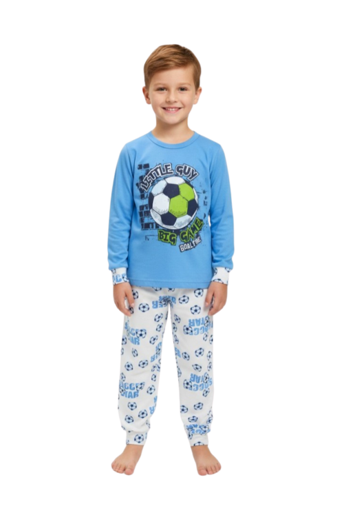 Dečija pidžama za dečake Bear Underwear, plava pamučna pidžama sa fudbalskim motivom, dug rukav, udobna noćna garderoba za decu