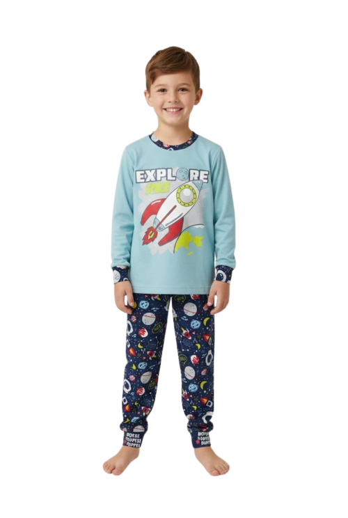 Dečija pidžama za dečake sa motivom medveda, dugi rukavi, bež gornji deo i tamne pantalone sa printom, pamuk, udobna pidžama za spavanje