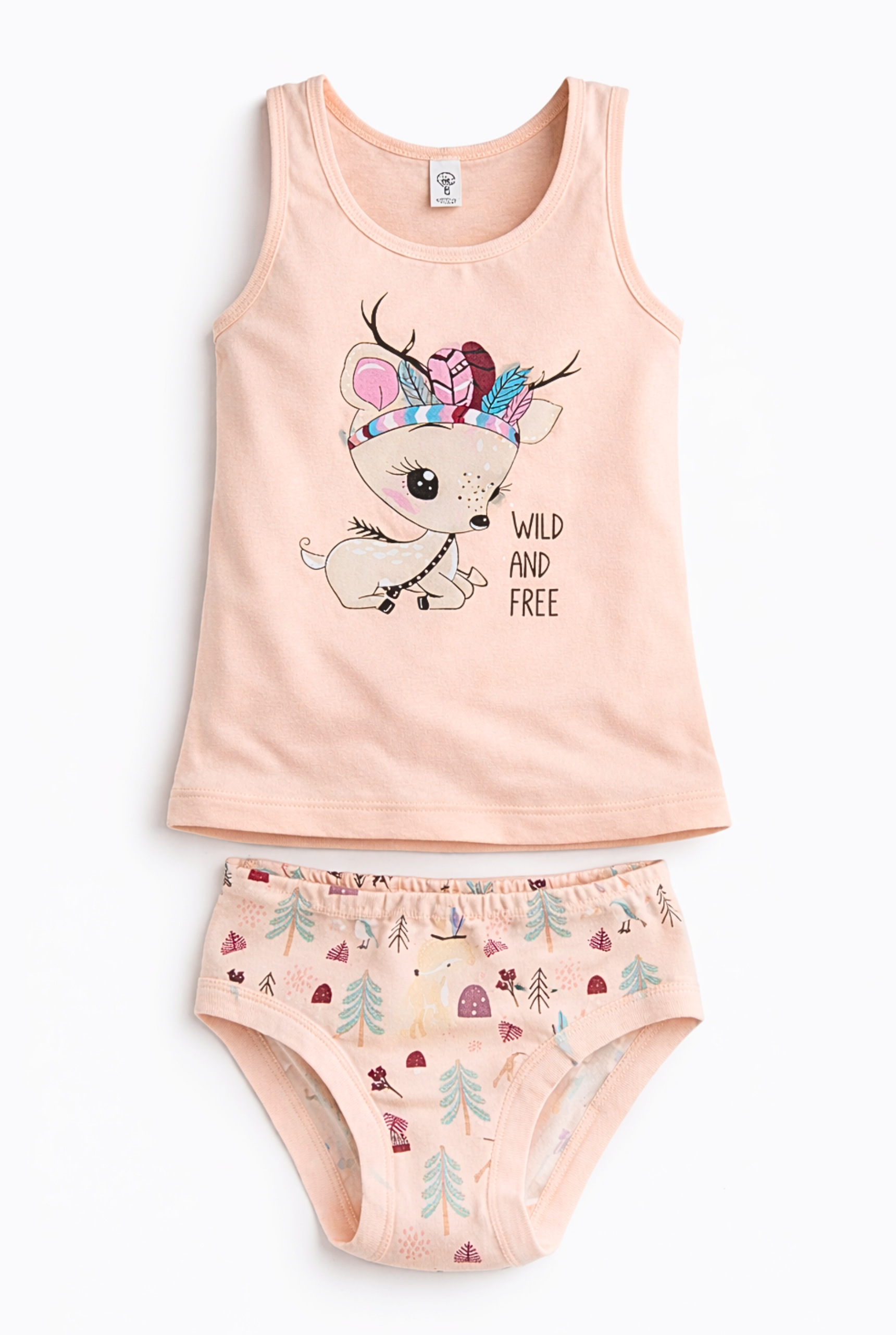 Dečiji pamučni veš za devojčice sa potkošuljom bledo roze boje, printom košute 'Wild and Free' i gaćicama sa šumskim motivima.