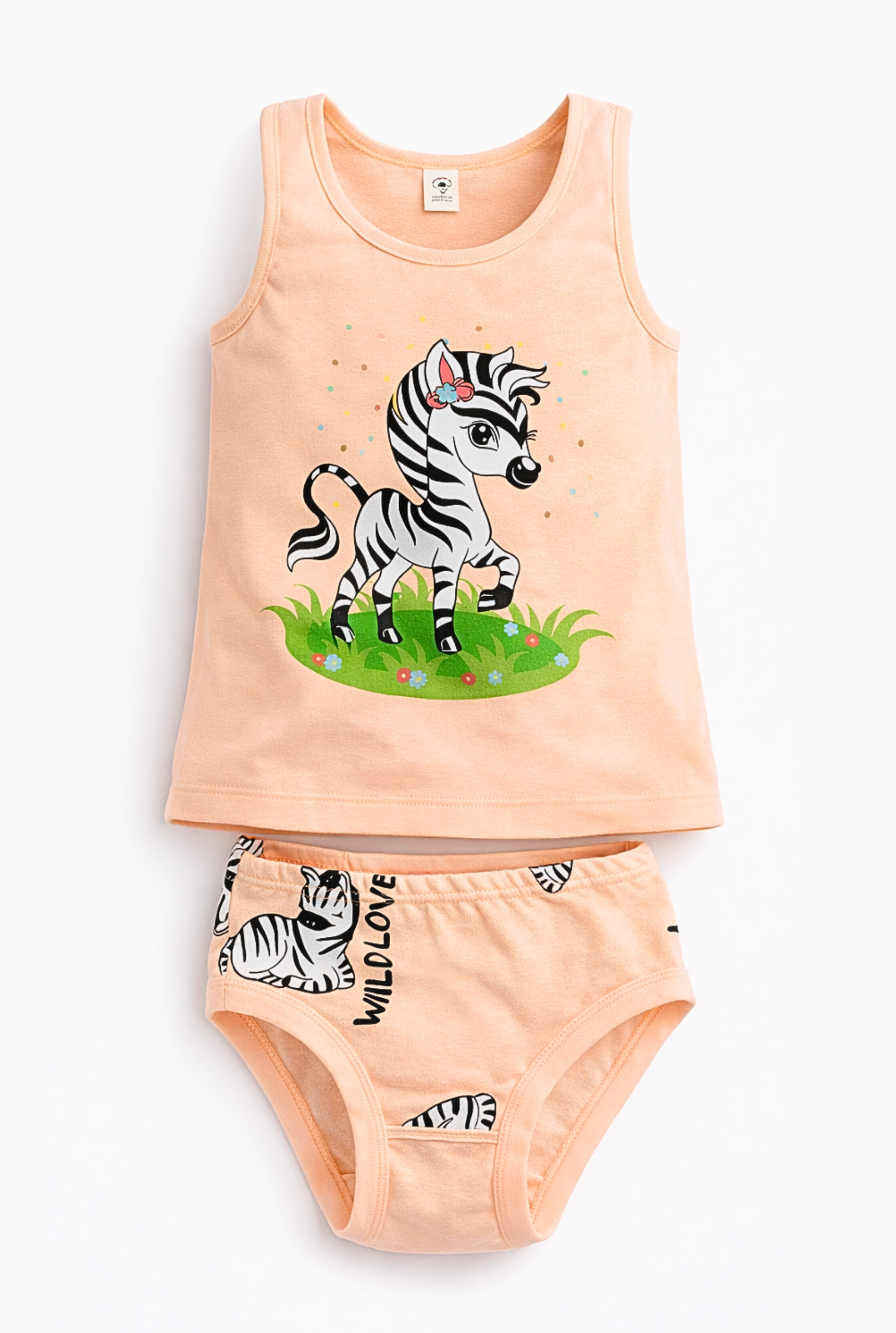 Dečija pamučna potkošulja bez rukava kajsija boje sa ilustracijom zebre i odgovarajućim gaćicama sa dezenom 'Wild Love'.