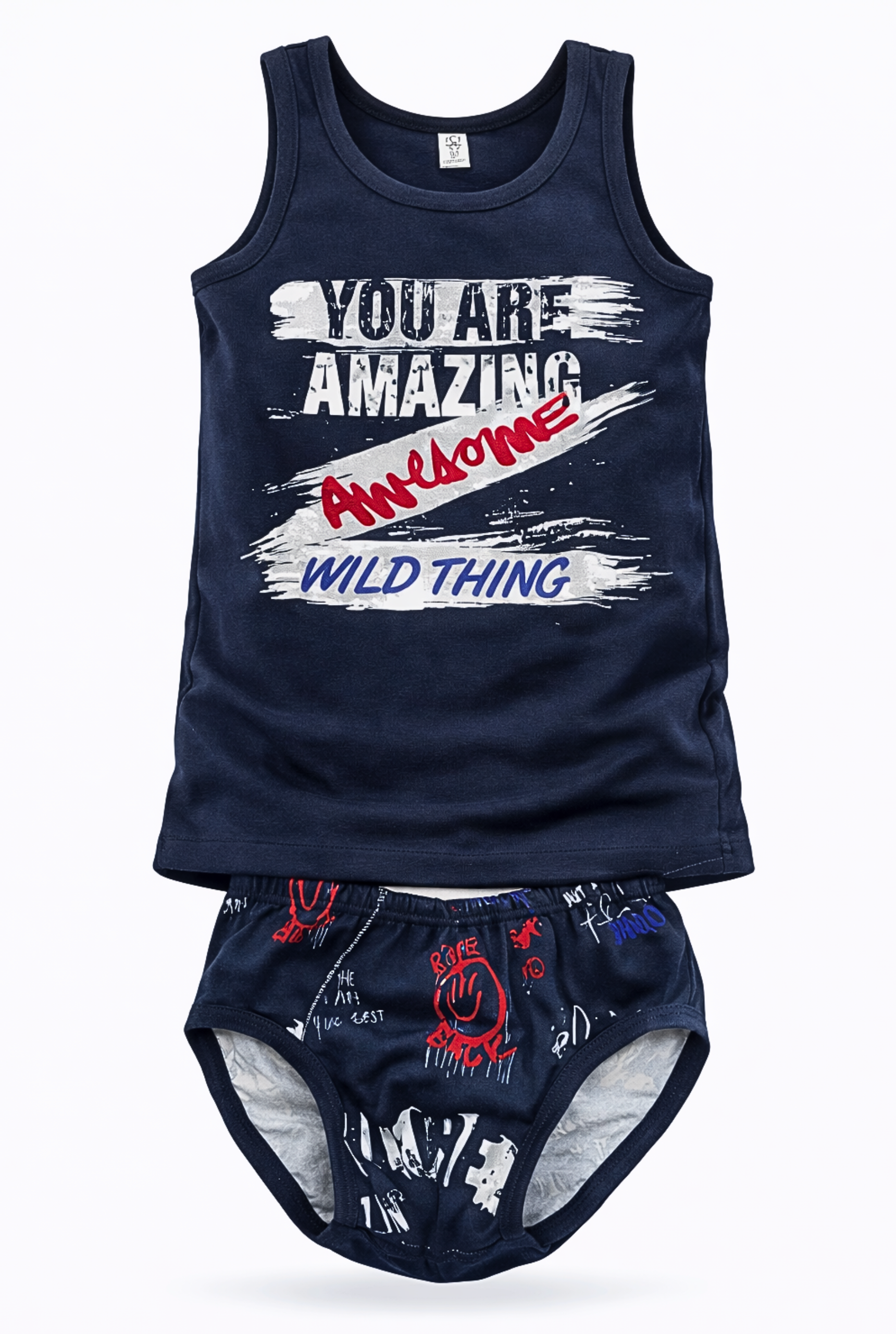 Teget dečiji komplet veša sa majicom bez rukava i modernim grafičkim printom You Are Amazing Wild Thing sa crvenim detaljima.