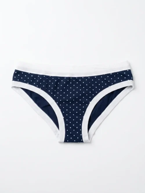 Ženske pamučne gaćice Dotty teget sa belim polka dot dezenom i belim obrubom, Bear Underwear Arilje