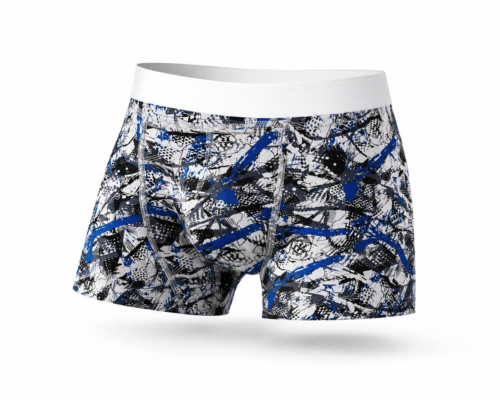 Muške pamučne bokserice Marco Arilje belo-plavi abstract grunge print sa belim elastičnim pojasom, Bear Underwear