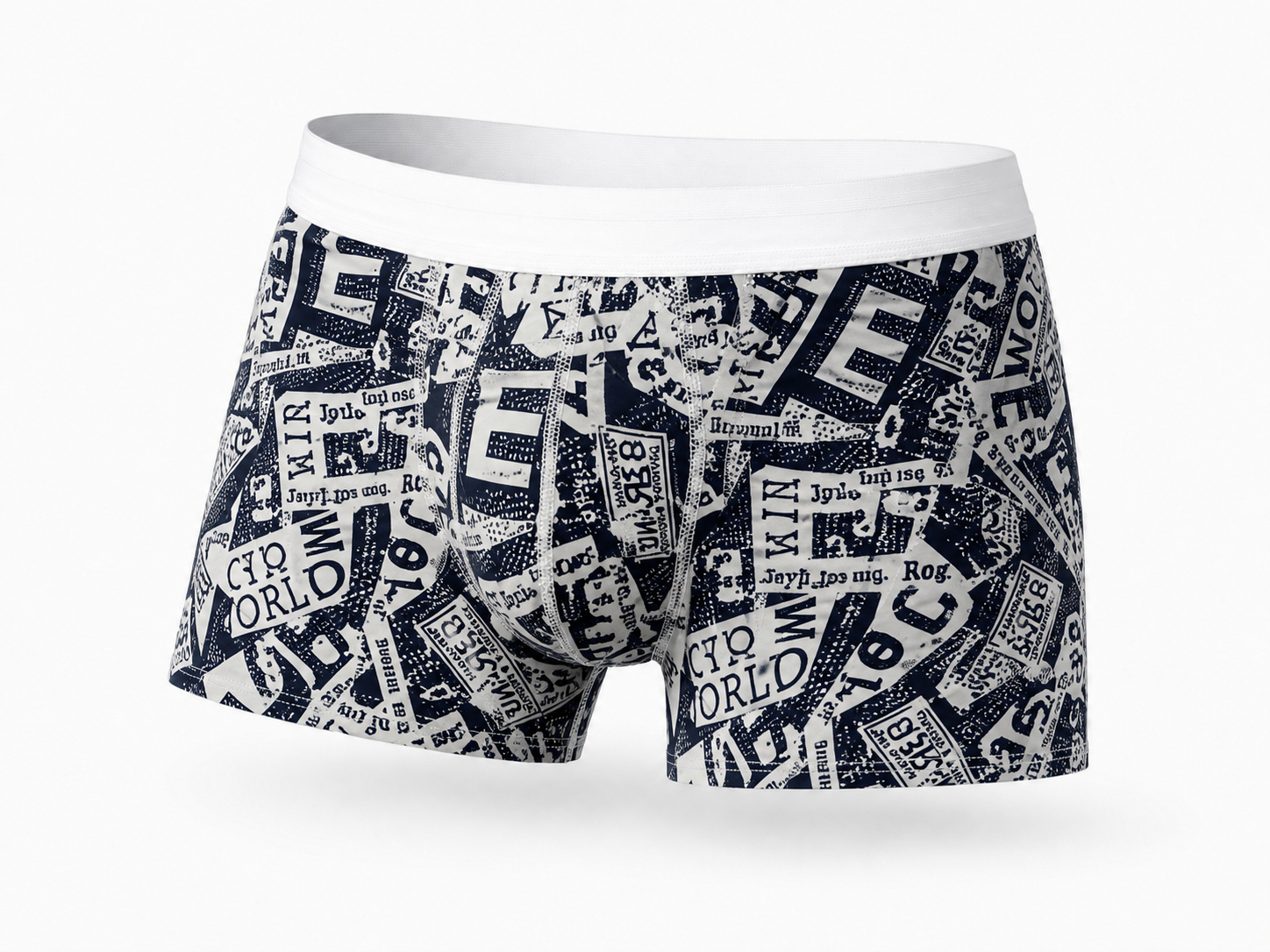 Muške pamučne bokserice Marco Arilje teget sa vintage slova print dezenom i belim elastičnim pojasom, Bear Underwear