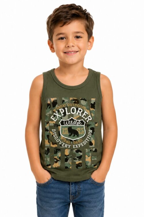 Dečija majica bez rukava maslinaste boje sa Explorer Wildlife printom od 100% pamuka Bear Underwear