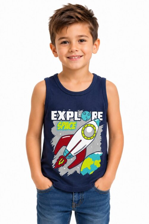 Dečija majica bez rukava teget boje sa Explore Space raketa printom od 100% pamuka Bear Underwear