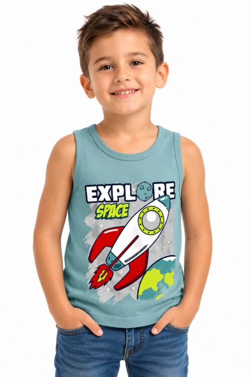 Dečija majica bez rukava tirkizne boje sa Explore Space raketa printom od 100% pamuka Bear Underwear