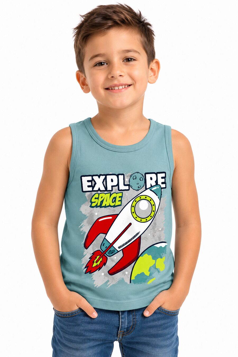 Dečija majica bez rukava tirkizne boje sa Explore Space raketa printom od 100% pamuka Bear Underwear