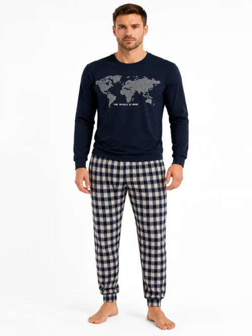 Muška pamučna pidžama Bear Underwear World Is Mine teget majica dugih rukava i karirane pantalone, Arilje