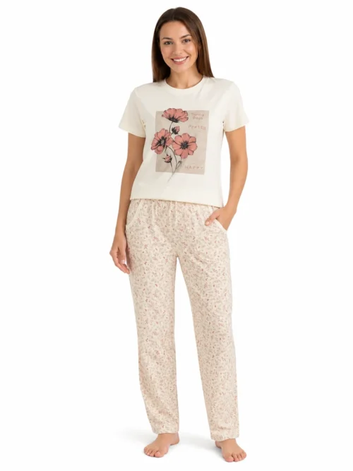 Ženska pamučna pidžama Bear Underwear krem boja sa Sunny Days cvetnim printom i sitnim cvetnim dezenom na pantalonama, Arilje